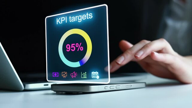 KPI targets display shows 95 percent achievement on a laptop screen during a work session.