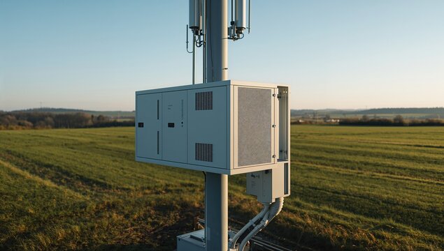 Compact edge computing cabinet installed at base of cell tower in rural landscape, clean industrial design, concept of digital infrastructure, cloud computing and modern information technology