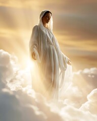 Blessed Virgin Mary surrounded by radiant heavenly light and soft clouds. Christian spirituality, Assumption of Mary, faith, peace and hope for religious publications and greeting designs