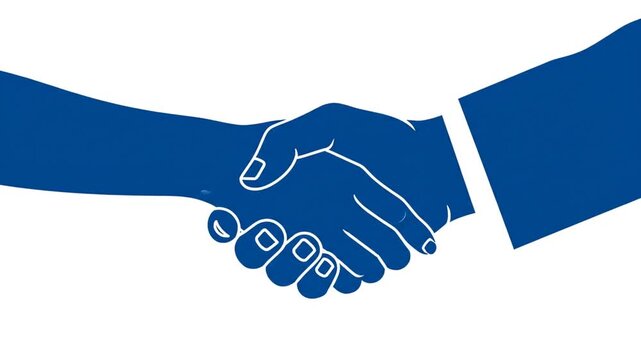 Minimalist blue silhouette of two hands clasped in a firm handshake gesture against a plain white background, symbolizing business agreement, partnership, and professional cooperation.