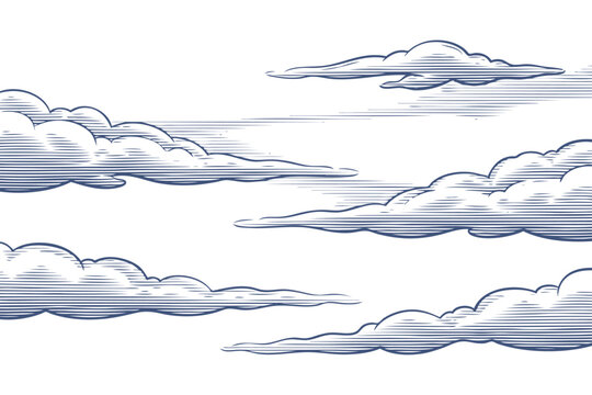 Vector illustration of soft fluffy clouds in the sky isolated on a white background. Stylized blue and grey decorative weather elements for design.