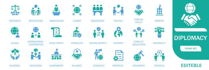 Diplomacy and International Relations Flat Icon Set,with Negotiation, Ambassador, Summit, Embassy, Peace Treaty and Foreign Policy Symbols © Smart Ai Studio