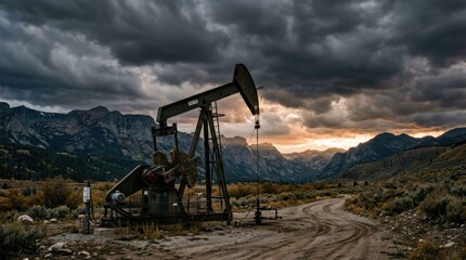 Naklejka premium Dramatic Oil Pumpjack Under Stormy Skies in Arid Landscape.