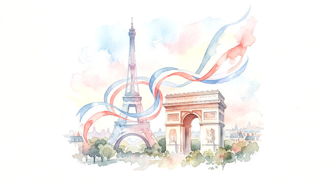 Watercolor Illustration of Paris Landmarks featuring the Eiffel Tower, Arc de Triomphe and French Tricolor Ribbon