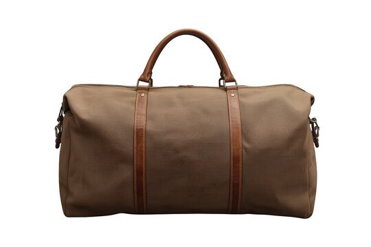 Canvas duffel bag with leather handles and straps, packed for a weekend trip, isolated on transparent background