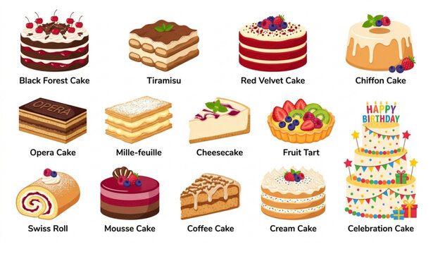 Assorted Cake Collection Flat Vector Illustration Isolated on White