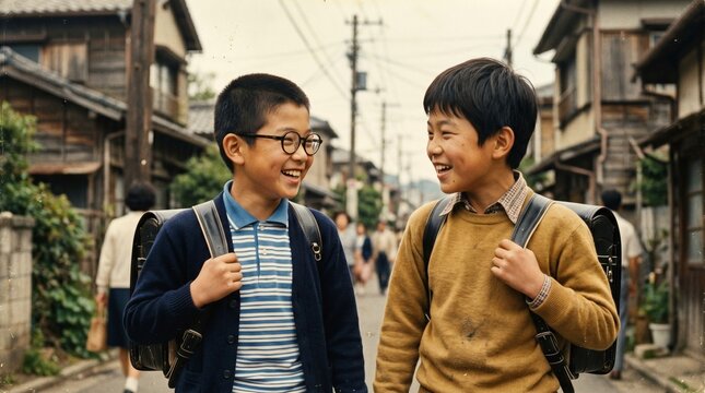 昭和の日本人小学生：黒いランドセルを背負い笑顔で笑い合う、仲良しな男の子二人の通学路バストアップポートレート