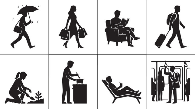 Set of diverse human silhouette icons representing various daily lifestyle activities and common leisure actions