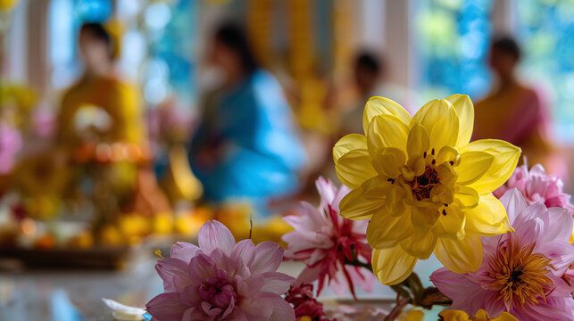People celebrate Sita Navami with flowers in a temple