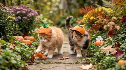 Obraz premium Two cute kittens wearing pumpkin hats walking in a beautiful colorful autumn garden