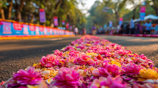 Vibrant pink flowers laid on the road for Sita Navami festival celebration