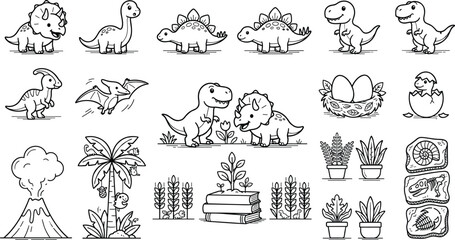 Set of cute dinosaur illustrations including prehistoric animals, fossils, volcano, and plants for kids activity or coloring page. © Mst Fateha Begum