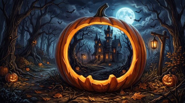 A carved pumpkin with a spooky haunted house scene inside at night with a full moon