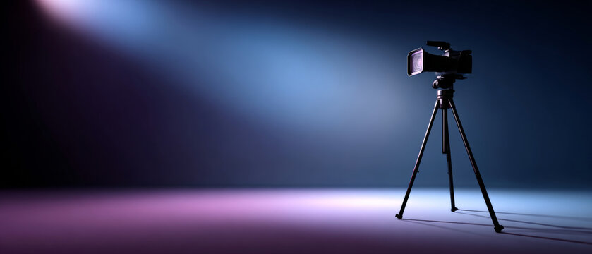 Professional video camera mounted on tripod with dramatic lighting and colorful gradient background in studio setting
