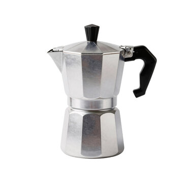 Silver stovetop espresso maker on a white background presents coffee making appliance
