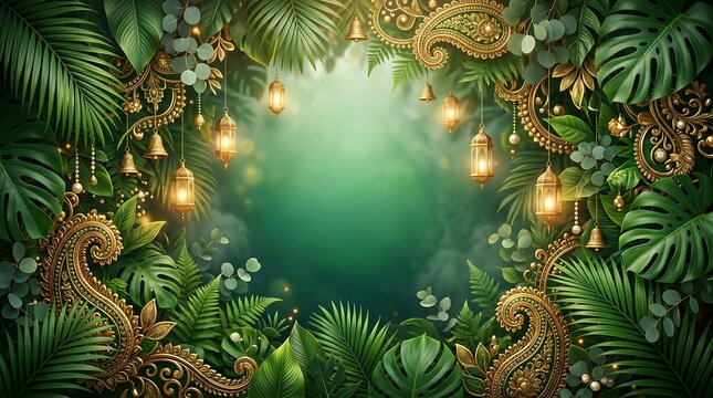 Luxurious Hariyali Teej festival backdrop with lush green tropical foliage, golden paisley ornaments, hanging lanterns and traditional Indian festive decor.