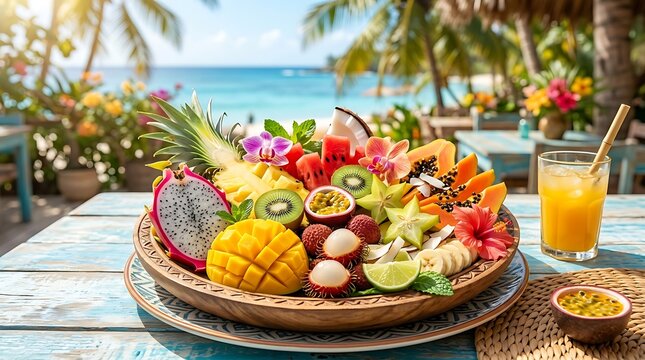 Vibrant tropical fruit platter refreshing beverage outdoor beach setting