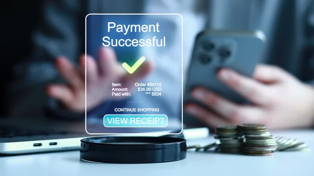 Buying through an online shop shows payment successful on a device next to coins in a work setting.