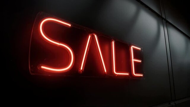 Bright red neon sale sign glows against a dark, textured wall at night