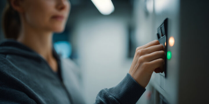 Woman Using Access Control Card Reader