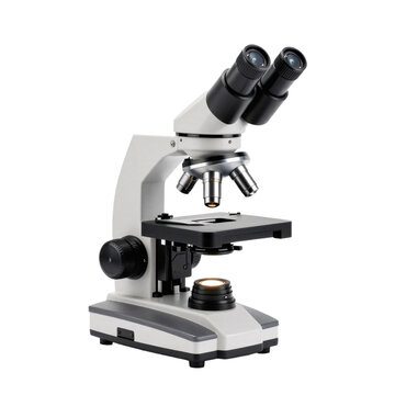 Laboratory microscope stands on a white background ready for examining specimens