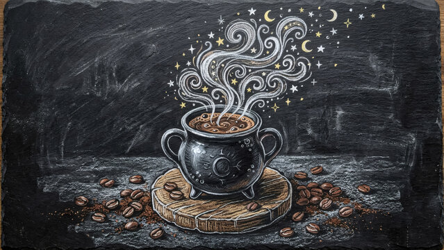 Enchanting Coffee Brew with Celestial Steam on Dark Slate Background Art