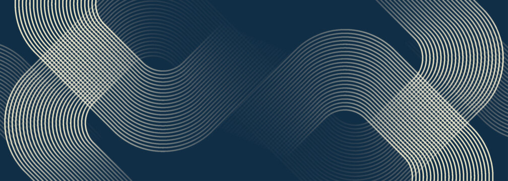 Dark blue abstract background with luxurious gold geometric line. Modern shiny gold rounded square line pattern. Elegant graphic design for certificate, presentation, award, event.