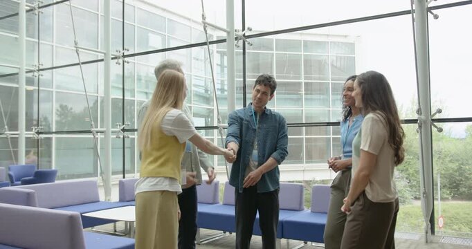 Business People Meeting in Office Atrium, Handshake, introducing colleague