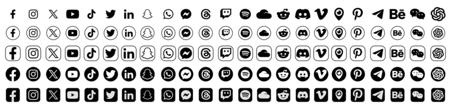 Social Media Logos Collection with facebook, instagram, youtube, linkedin, whatsapp, twitter, pinterest, snapchat Icons in Black Circular Style Isolated on transparent Background