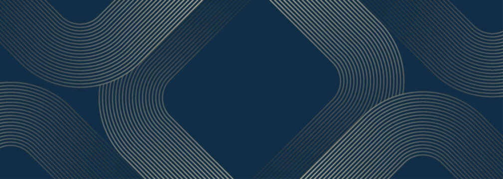 Dark blue abstract background with luxurious gold geometric line. Modern shiny gold rounded square line pattern. Elegant graphic design for certificate, presentation, award, event. VOL. 3