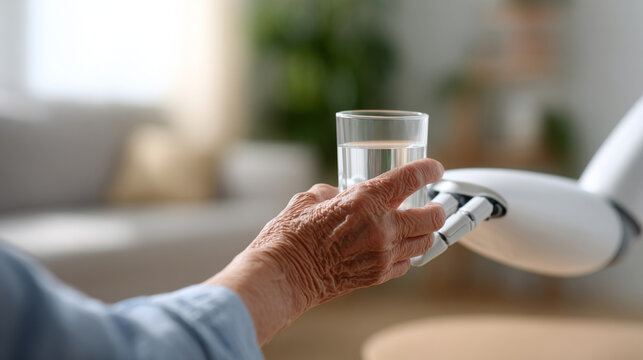 Robot handing glass of water to elderly person