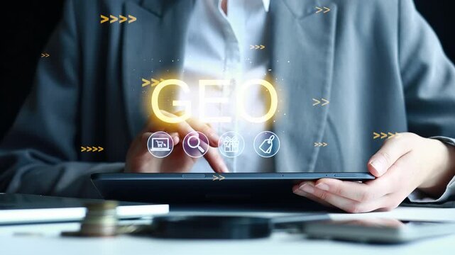 A business person is working in an office, using a tablet to access geo-related data. They focus on icons for search, maps, and other tools. The setting is modern and professional.