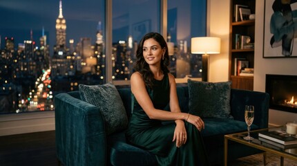 Fototapeta premium Elegant Woman Relaxing in Luxury Apartment with Cityscape View at Night.