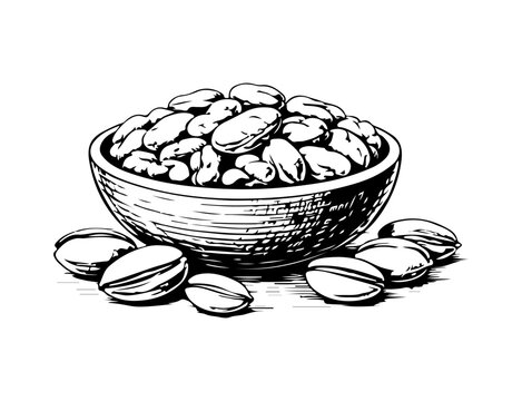 Simple hand drawn pistachio nut ina bowl sketch, engraved organic protein snack illustration food print.