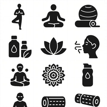 Ball wellness fitness icons mat oils water icon yoga breathing vector roller