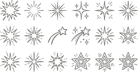 Sparkle and star icon set, 18 hand drawn twinkle and shine vector elements, minimalist black line starburst and shooting star illustrations © Zaingill