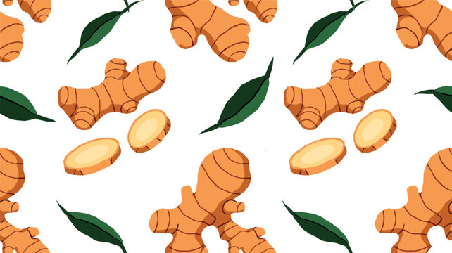 Seamless ginger pattern vector illustration with whole fresh roots slices and green leaves on white background