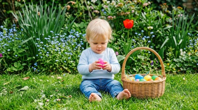 Blonde toddler sitting on grass holding a pink easter egg beside a wicker basket of colorful eggs