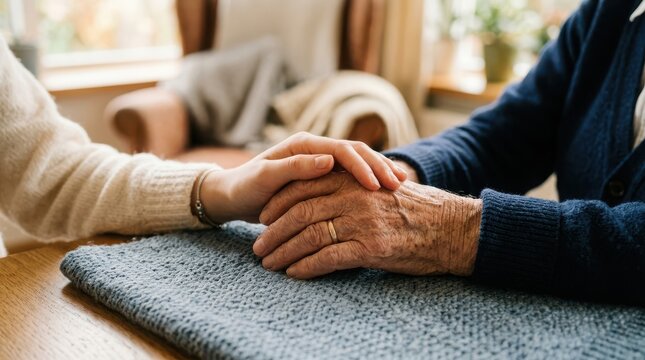 Close-up of a young person holding the wrinkled hand of an elderly person at a table