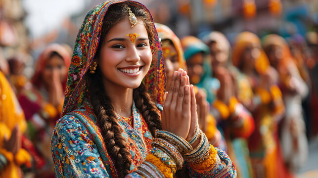 Woman in traditional attire celebrates Sita Navami with hands together in prayer surrounded by people