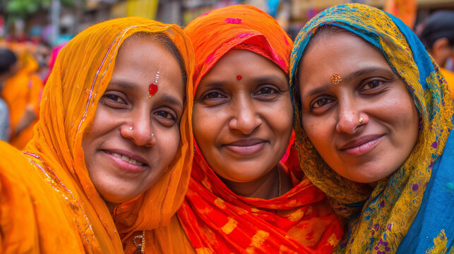 Three women in vibrant headscarves celebrate Sita Navami together smiling