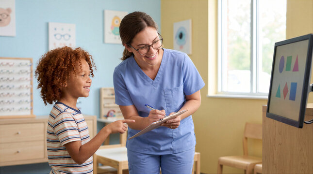 Child vision screening with colorful shape chart. Pediatric optometrist writes notes during eye test. Bright clinic interior with copy space.