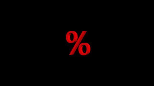 A vibrant red three dimensional percentage symbol isolated on a solid black background for use in retail sales and marketing discount campaigns