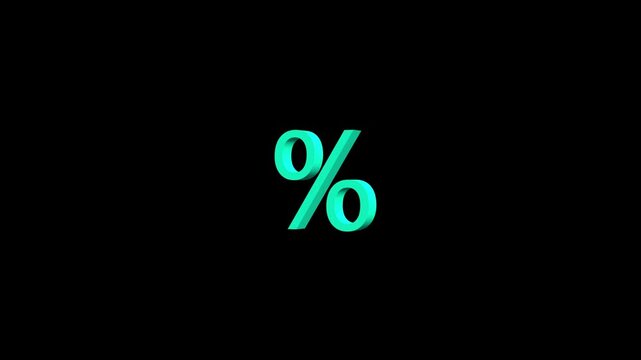 A bright cyan three dimensional percentage symbol floating in the center of a solid black background representing digital data and tech finance