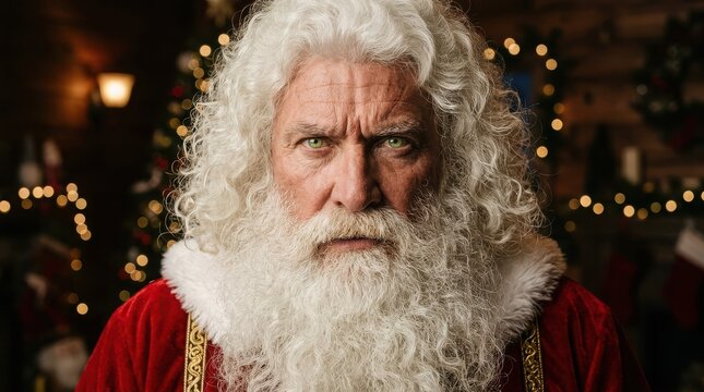 Close-up portrait of santa claus with white curly hair and beard in a red velvet costume