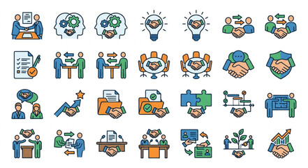 Fototapeta premium Colorful flat design business and teamwork icons set.