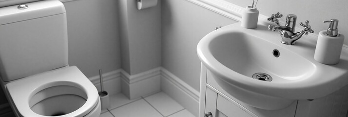 Fototapeta premium Clean Bathroom Interior with White Toilet and Sink, Modern Design, Sanitary Fixtures
