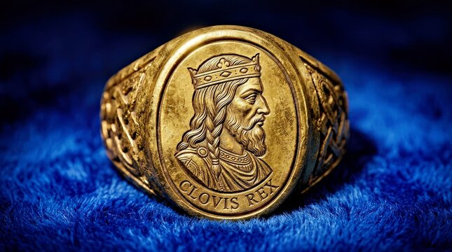 Golden Clovis Rex Ring With Intricate Celtic Design on Blue Velvet