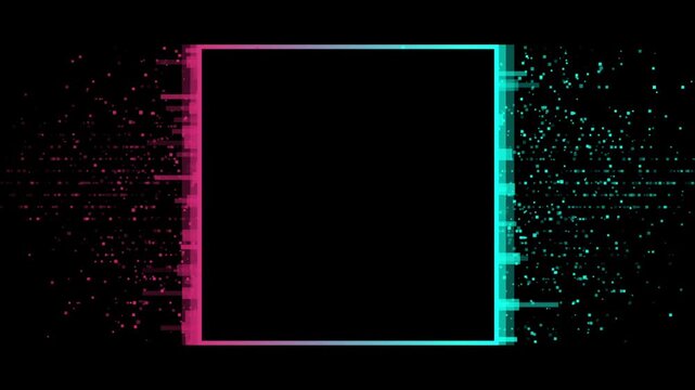 Futuristic background with abstract cyan and magenta neon glitch square frame. Dynamic digital pixel disintegration effect motion design. Seamless loop. Video animation Ultra HD 4K 3840x2160