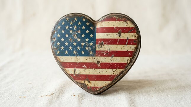 Distressed metal heart shaped tin box with american flag print on a neutral fabric background